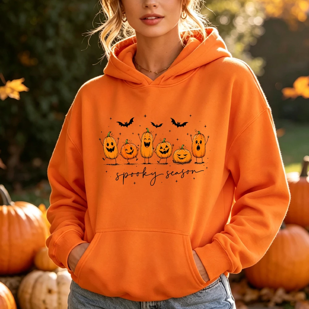 Spooky Season Cute Pumpkin Jack O Lantern Print Hoodie Women Halloween Fall Autumn Funny Graphic Long Sleeve Pullover Top