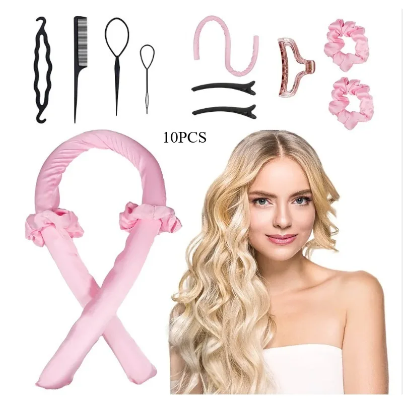 10pcs Women Heatless Curling Rod Set Soft Shiny Hair Curler Headband No Heat Spiral Curls Hairdressing Tools Accessories