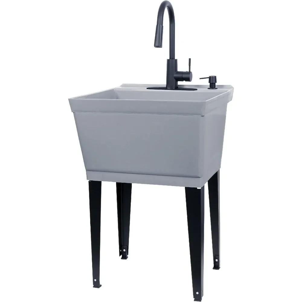 Grey Utility Sink Laundry Tub With High Arc Black Faucet By Pull Down Sprayer Spout, Heavy Duty Slop Sinks For Washing Room