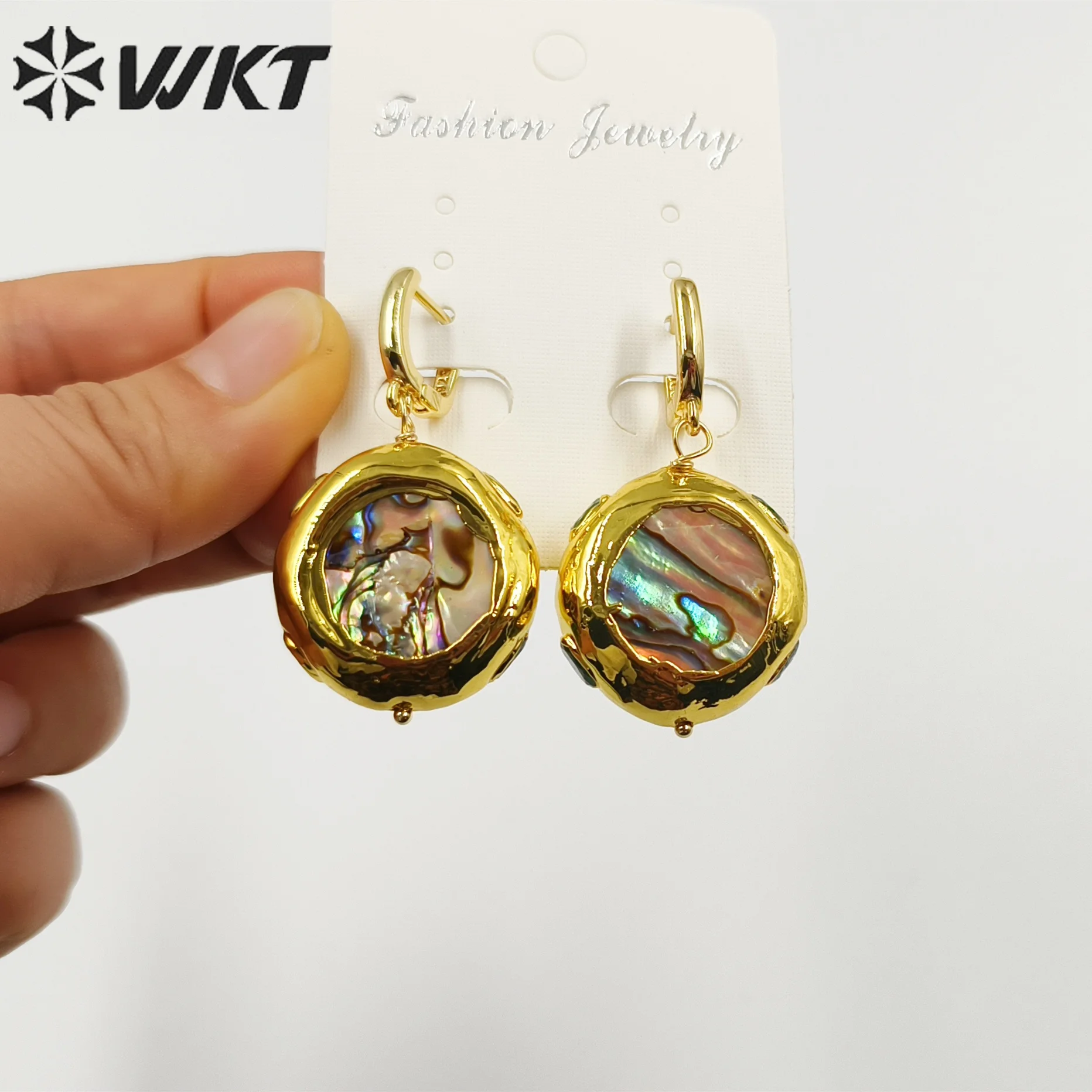 

WT-MPE100 New design fashion gold round Abalone pendant earrings Women clap hoop shell earrings Big leisure summer earrings