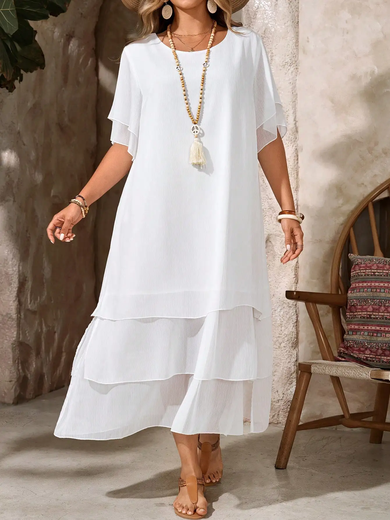 

White Flowy Layered Dress with Asymmetrical Hem, Round Neck, Short Sleeves for Summer Casual Wear