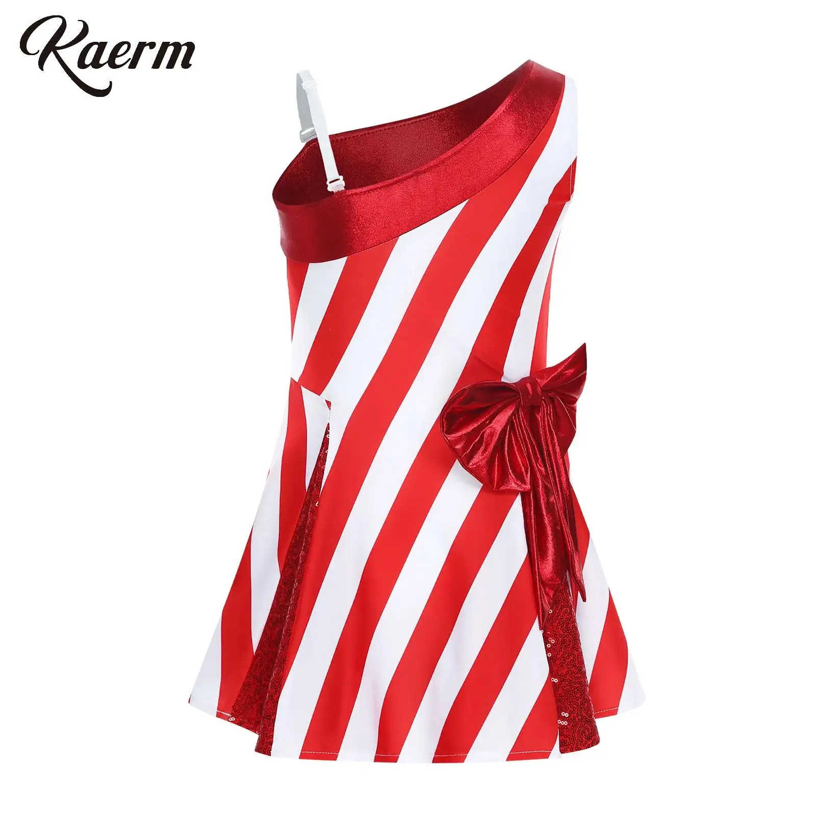 Kostum Pesta Natal Anak Perempuan Gaun Leotard Santa Claus Desain Satu Bahu dengan Pita Metalik untuk Pesta Festival Natal