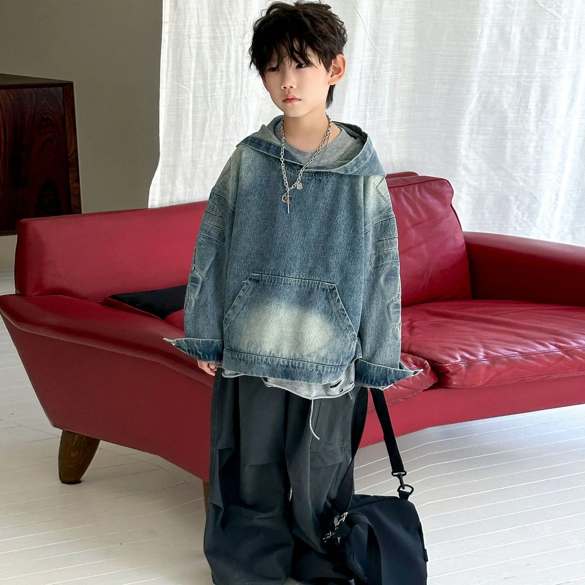 Children Clothing Fashionable Korean Style Simple Denim Pullover New Autumn Boys Handsome Cool Casual Loose Hooded Sweatshirt - view 2