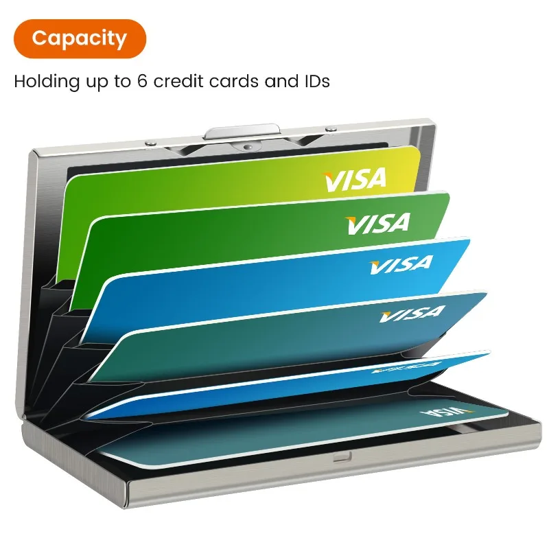 Estojo de Cartões de Metal em Aço Inoxidável, Organizador Slim para Cartões de Crédito e de Visita, Caixa com 6 Compartimentos, Suporte Portátil para 