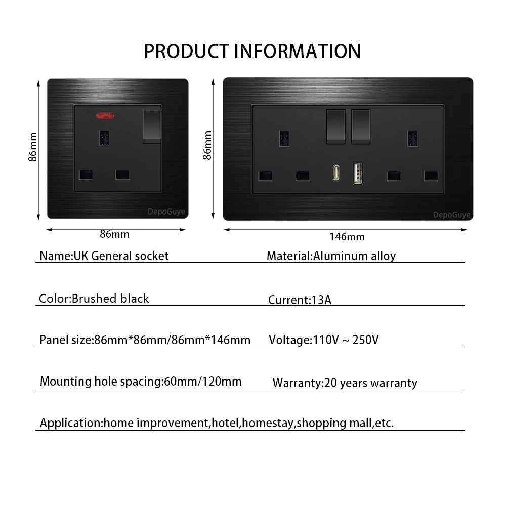 อลูมิเนียมแปรง Universal 3pin Dual USB ซ็อกเก็ต,UK 13A Type-C 18W Quick CHARGING Outlet,220V ไฟฟ้าแผงสวิตช์ไฟผนัง