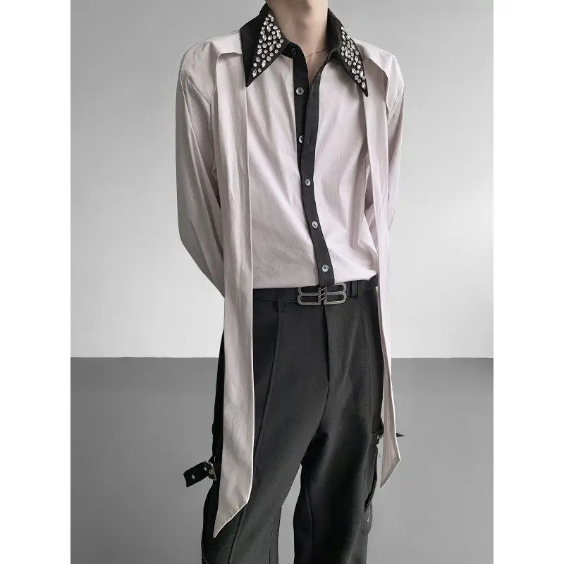 

New Luxury Men's Long Sve Diamond Embellied irt with Draped Tie Design Faionable Urban Sle Breathable Polyester