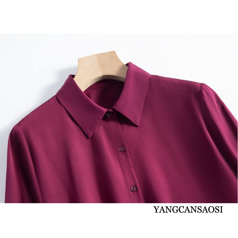 26MM Heavy 100% Natural Mulberry Silk Crepe De Chine Lapel Purple Red OL Style Versatile Commuter Long Sleeved Women's Shirt