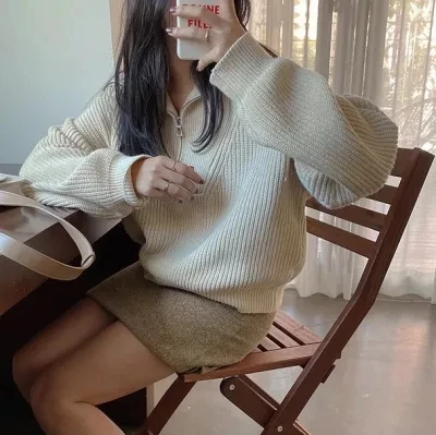

3Colors 2025 autumn Winter Korean style Turtleneck Warm Zipper Big Turn Down Collar Vintage Knitted Sweater and pullover womens