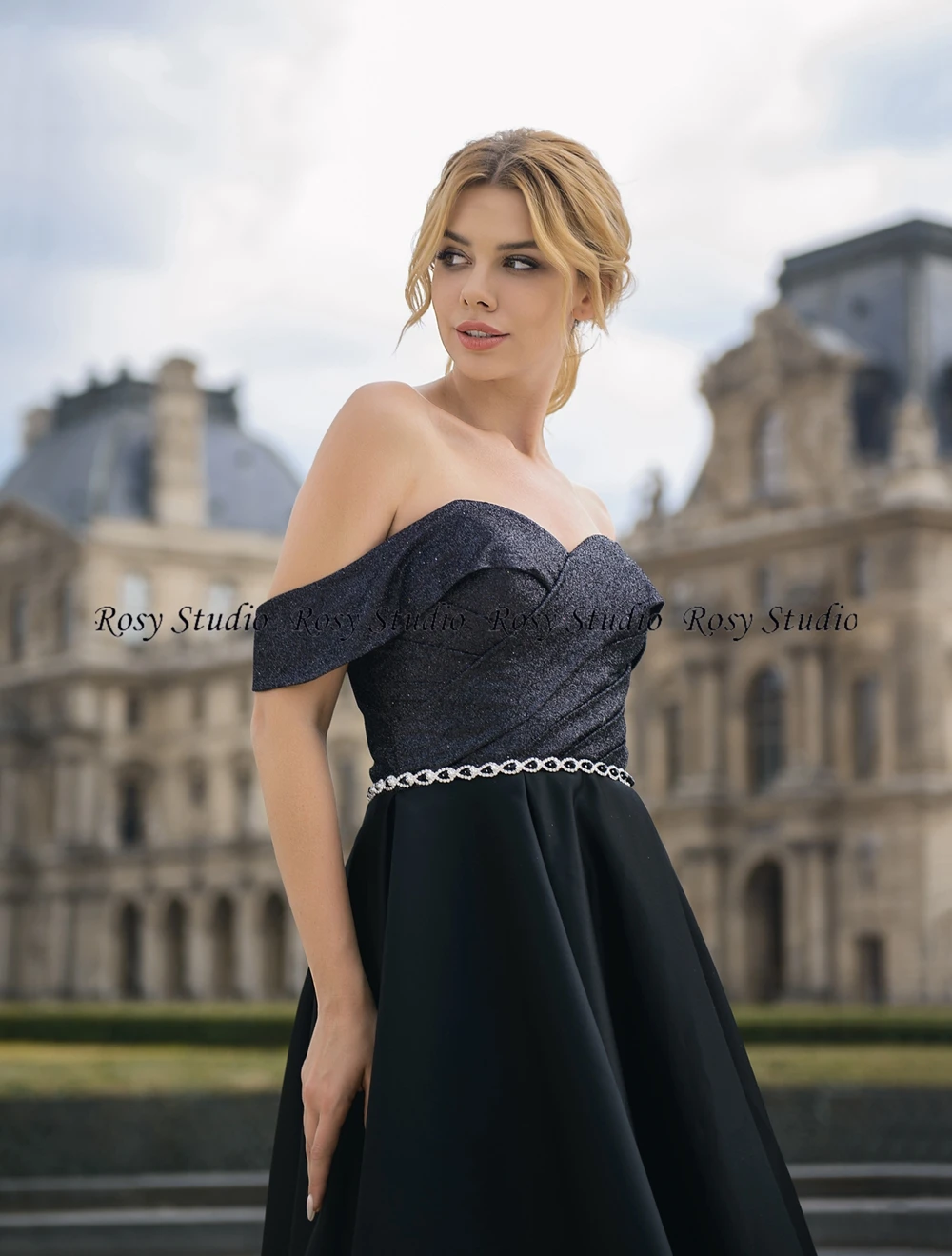 Hot Sale Custom Made Black High Low Evening Dress A-LINE Off Shoulder Prom Gown Wedding Party Dress Robe de Soiree