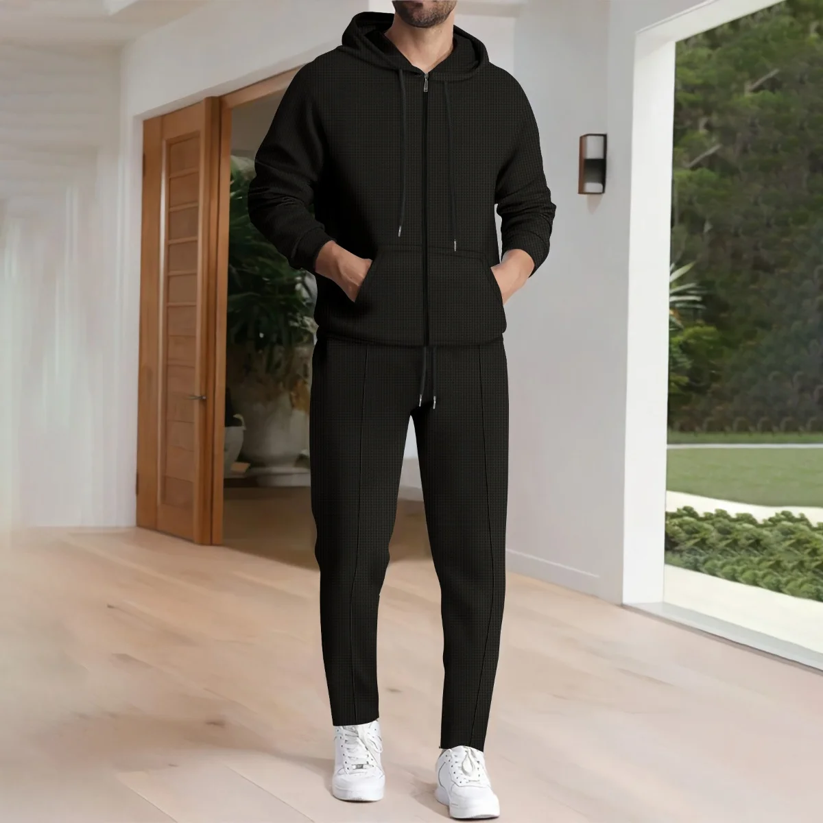 

2025 Autumn Men's Casual Two-Piece Set Hooded Long Sleeve Waffle Textured Pants Open-Front Sweatshirt Jacket Fashion Tracksuit