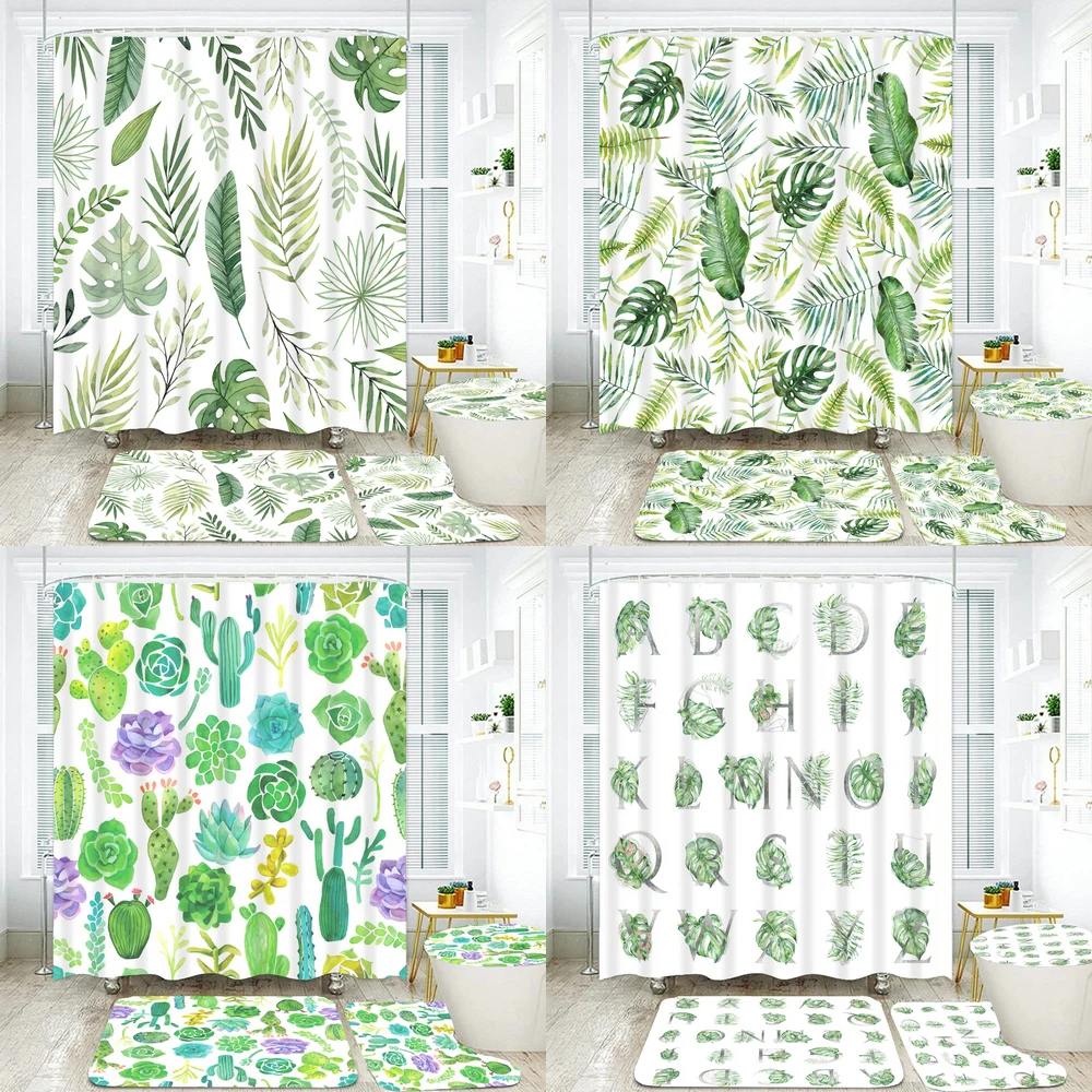 180*180cm Printed Shower Curtain Green Leaf Plant Bathroom Curtains Set Leaves Bath Mats Rugs Toilet Lid Cover Anti-slip Carpet