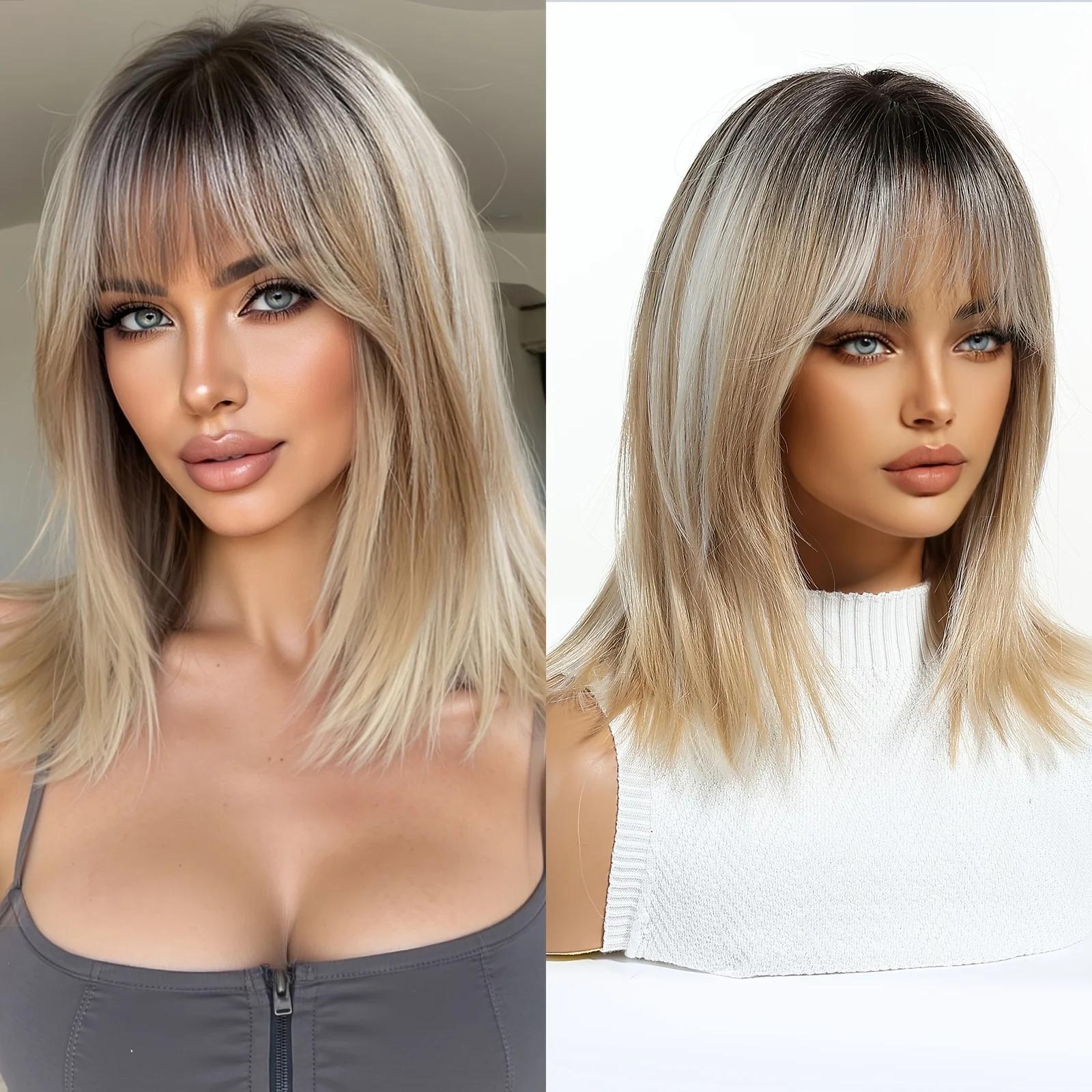 16-inch Women's Light Platinum Blonde Ombre Bob Wig with Dark Roots, Heat-Resistant Synthetic Fiber