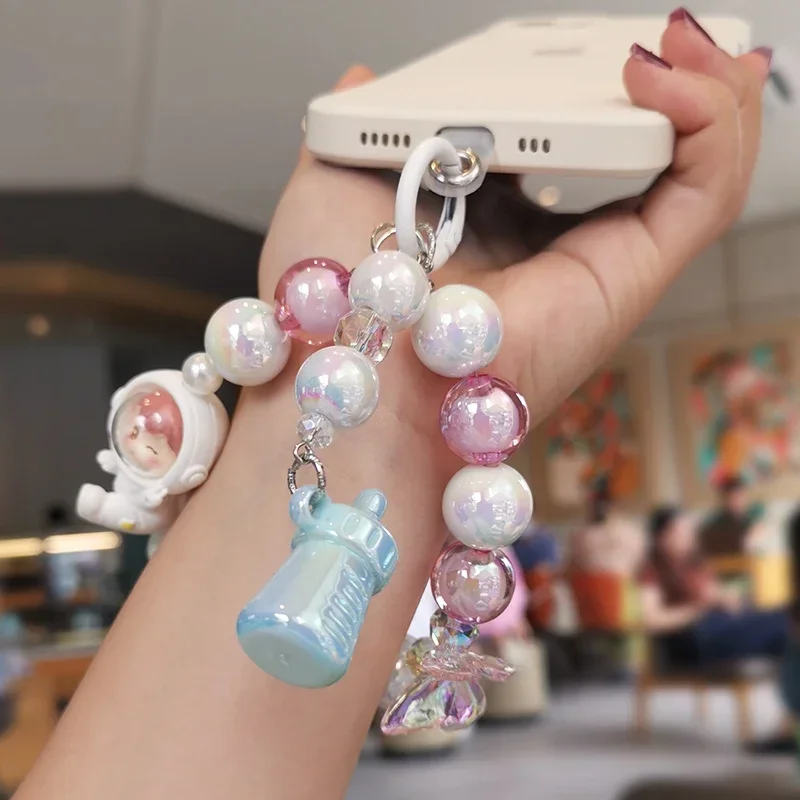 Bow Beaded Astronaut Baby Bracelet Baby Bottle Pendant Universal Phone Case Anti-loss Phone Chain with Mobile Phone Accessories