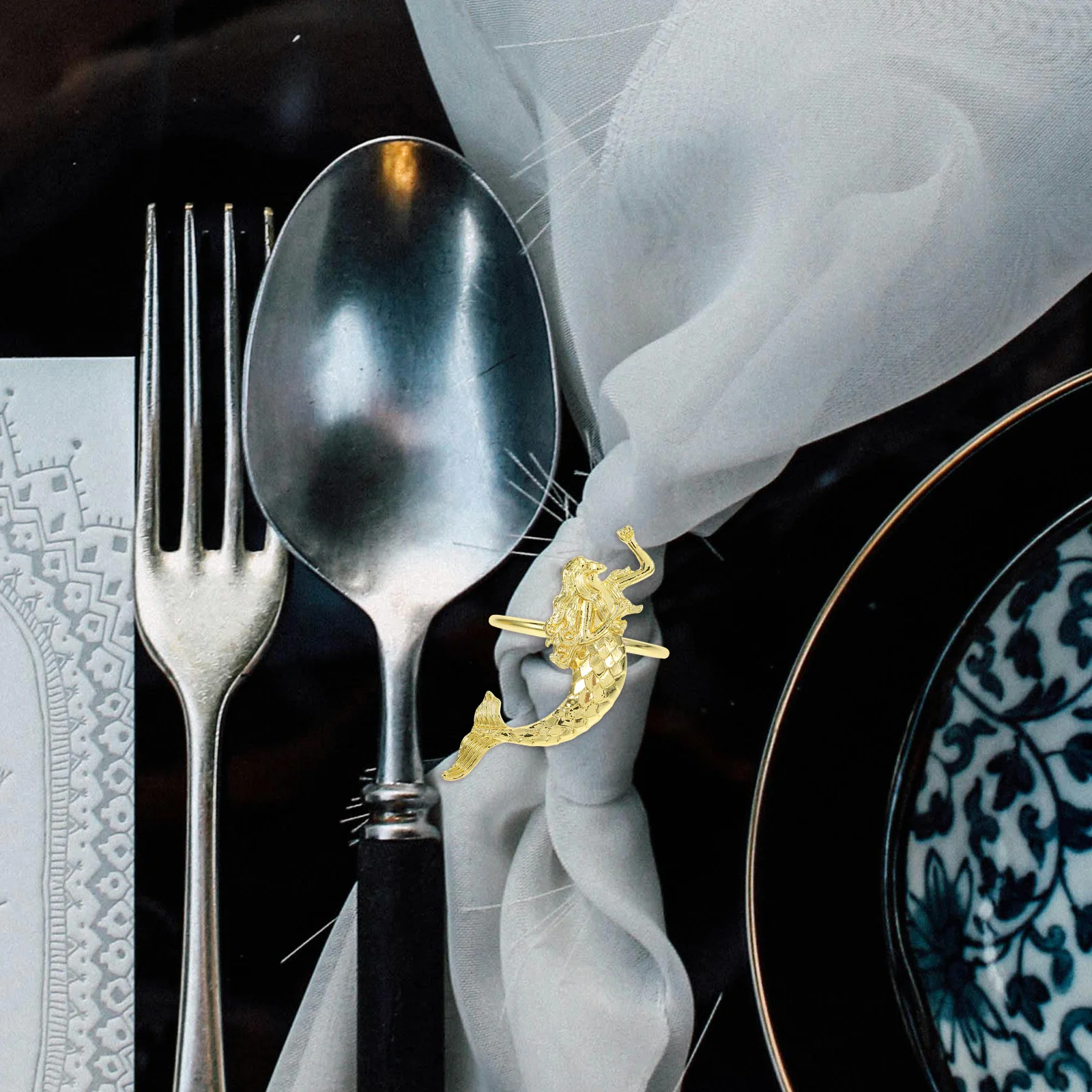 

6pcs Golden Napkin Rings Mermaid Shaped Zinc Alloy For Wedding Party Ocean Themed Table Decoration Napkin Holders Metal Clasps