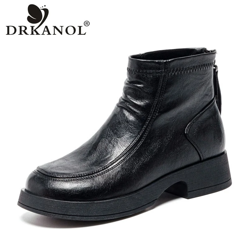 DRKANOL Women Thick Heel Ankle Boots Retro Style Pleated PU Leather Back Zipper Plush Warm Boots Ladies Comfort Warm Shoes Black