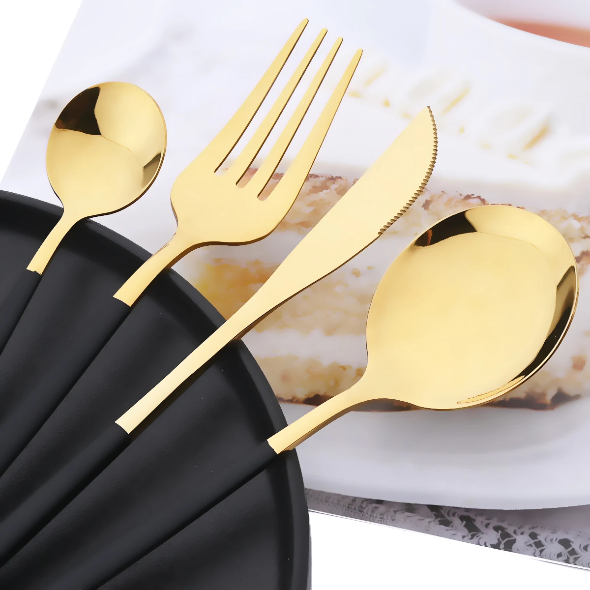 6 People White Gold Dinnerware Cutlery Set Western Mirror Stainless Steel Tableware Knife Fork Spoon Flatware Kitchen Silverware