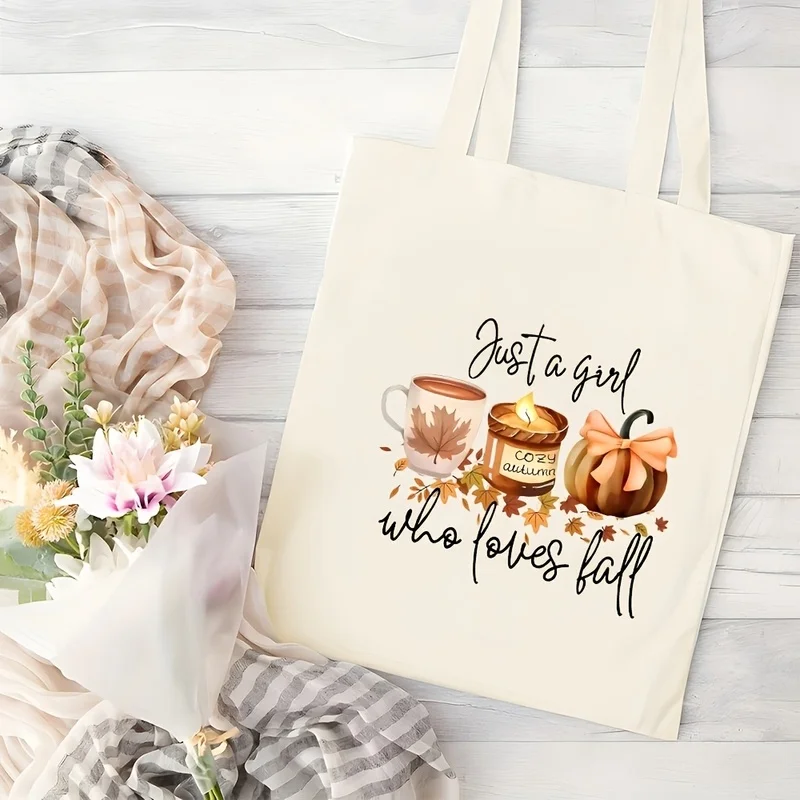 A cute autumn print bag，With pumpkin、Coffee and leaves，Durable tote bag，Suitable for daily use and comfortable autumn style