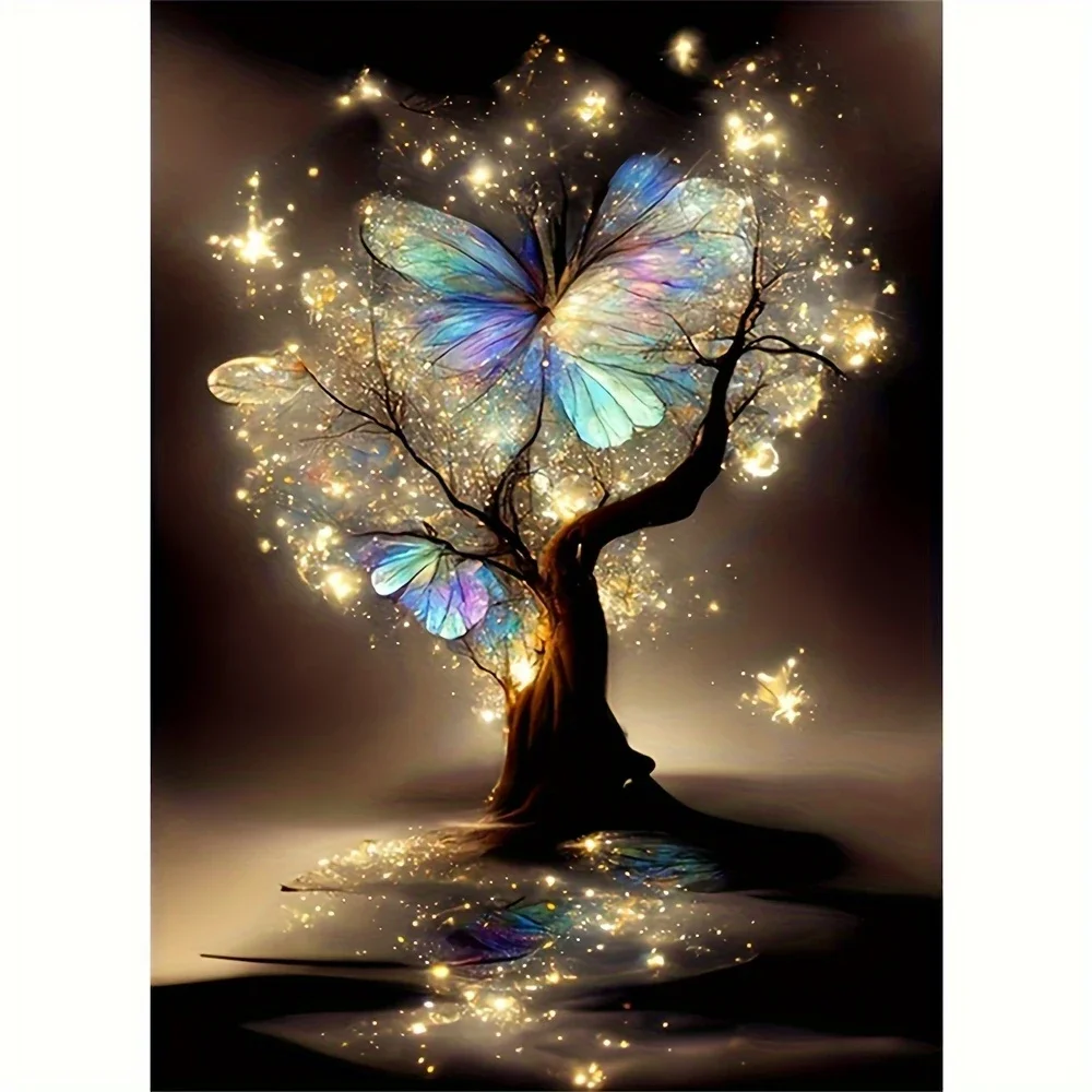 Butterfly Tree, funkelnde Lichtreflexion, Diamantmalerei mit dunklem Hintergrund, magische Blumenwanddekoration für Wohnzimmer und Zuhause