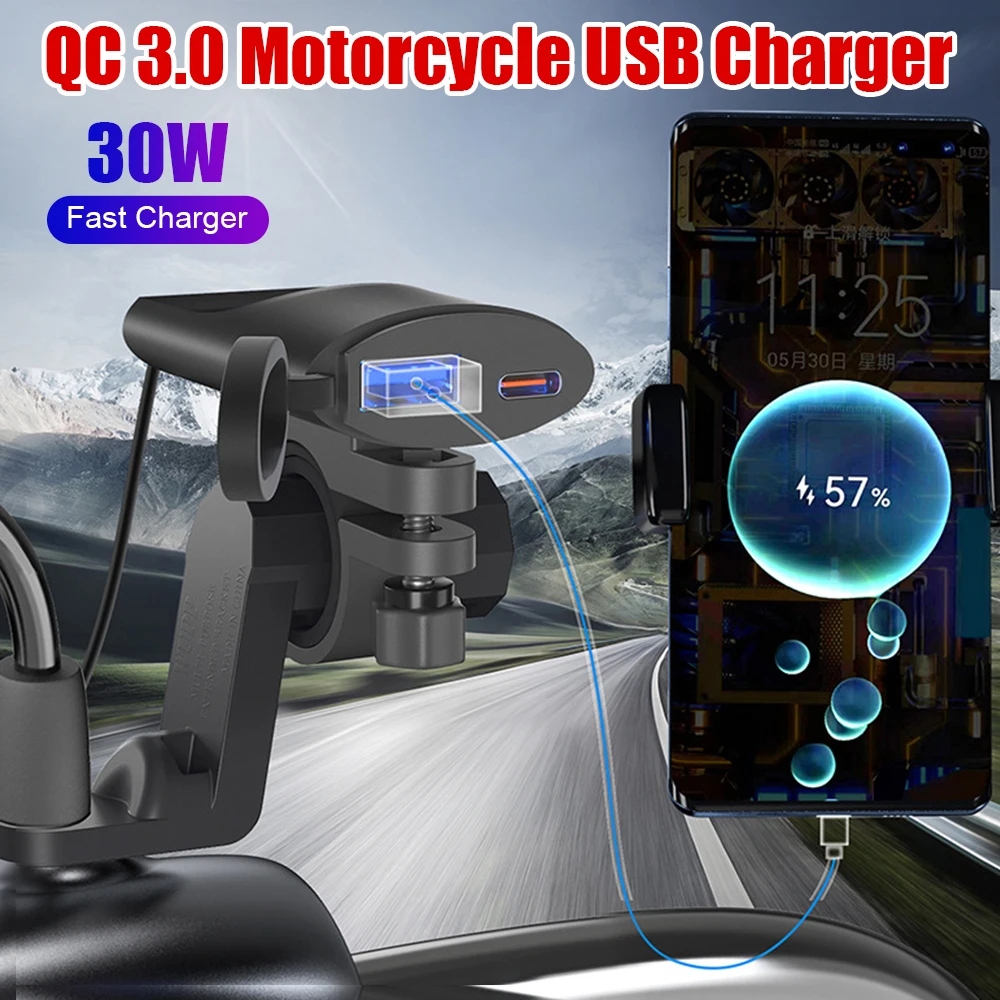 

IP67 Waterproof Motorcycle USB Charger Handlebar Rearview Mirror Mounting USB Type-C Charger QC 3.0 30W 12V-24V