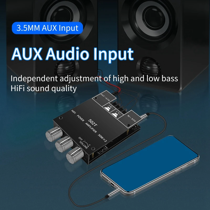 ZK-502T Audio Module Bluetooth 5.0 Audio Module Receiver Amplifier Board 50Wx2 Wireless Power Digital AUX Amp Module Bass&Treble