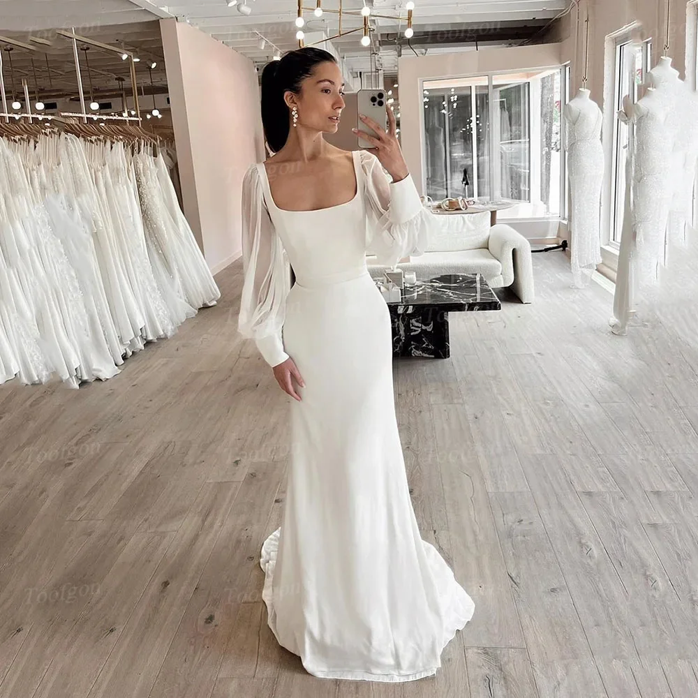 Toofgon Ivory Sheath Wedding Bride Dresses Puff Long Sleeve Square Bridal Gowns Customized Women Formal Party Wedding Dress