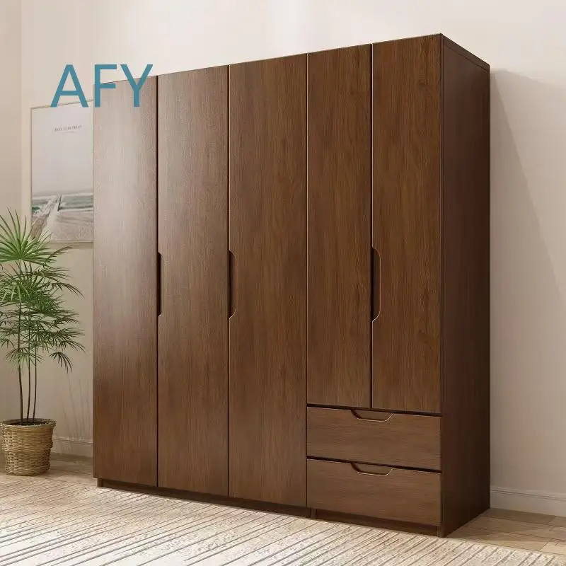 Modern Solid Oak Wardrobe for Bedroom Home Storage Organizer Cabinet Nordic Minimalist Walnut Color Small Space Clothing
