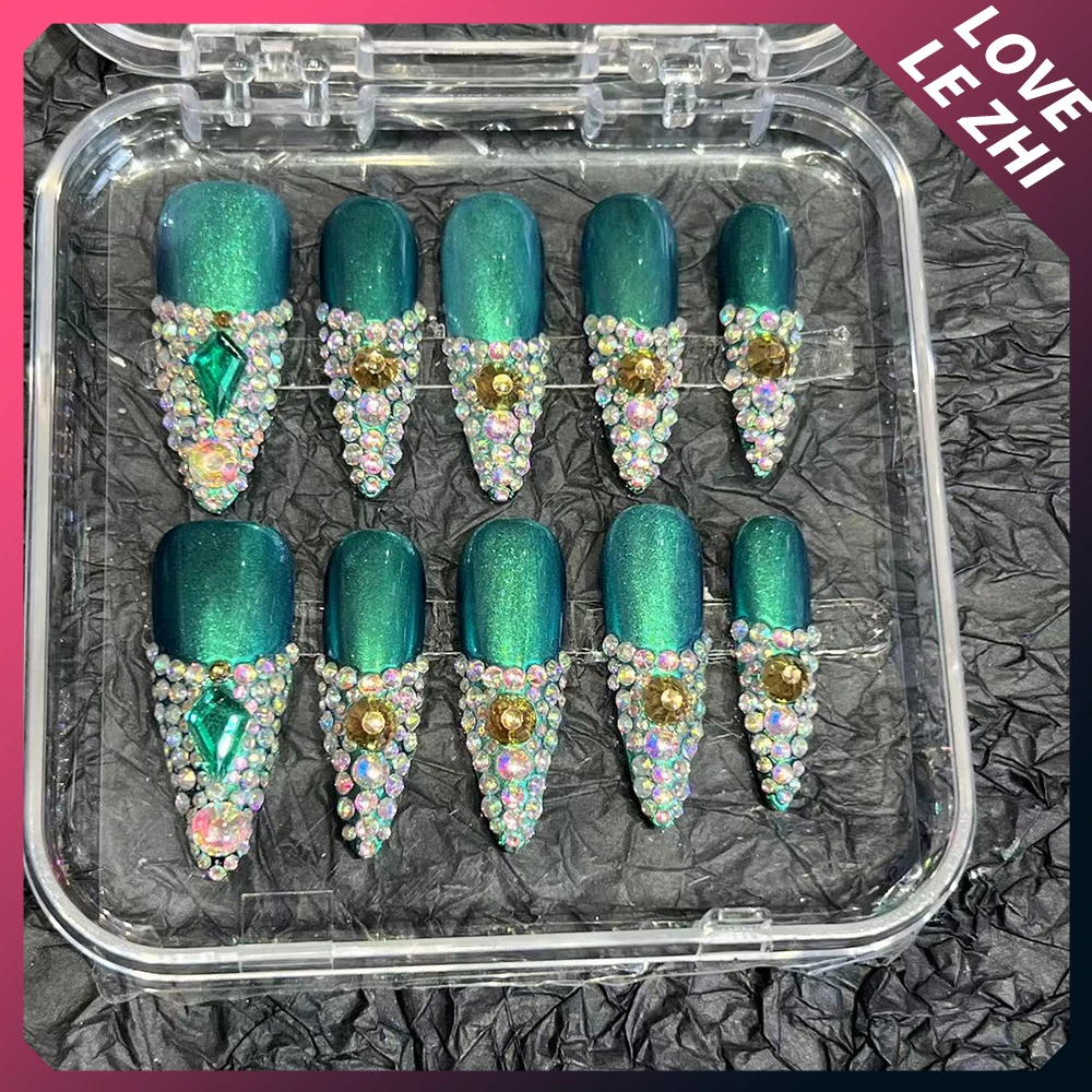 Newest Luxury Crystal Fake Nails Bling Rhinestone Full Cover Acrylic Nail Art Pure Handmade Almond Stiletto Nails Tips