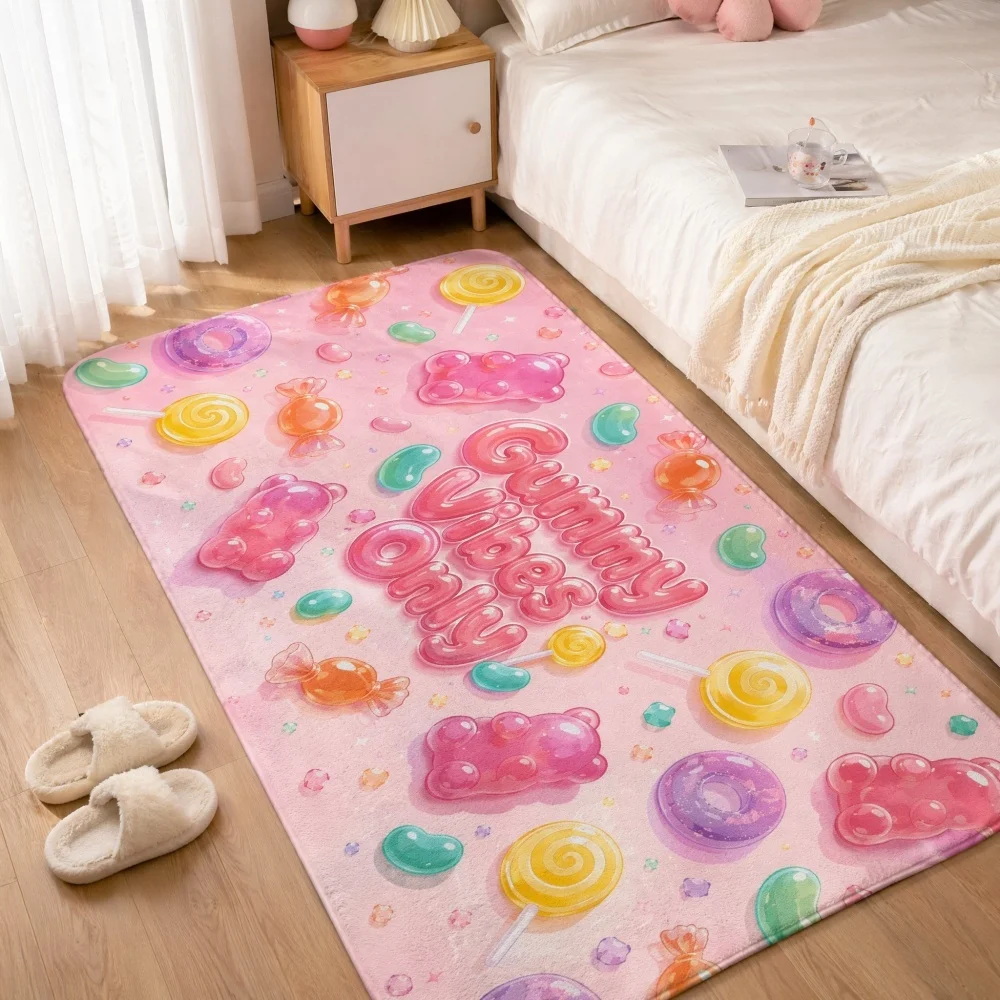 Pink 3D Gummy Bear Candy Flannel Runner Rug, Cartoon Sweet Pattern Long Floor Mat, Non Slip Girls Bedroom Hallway Decor Rug