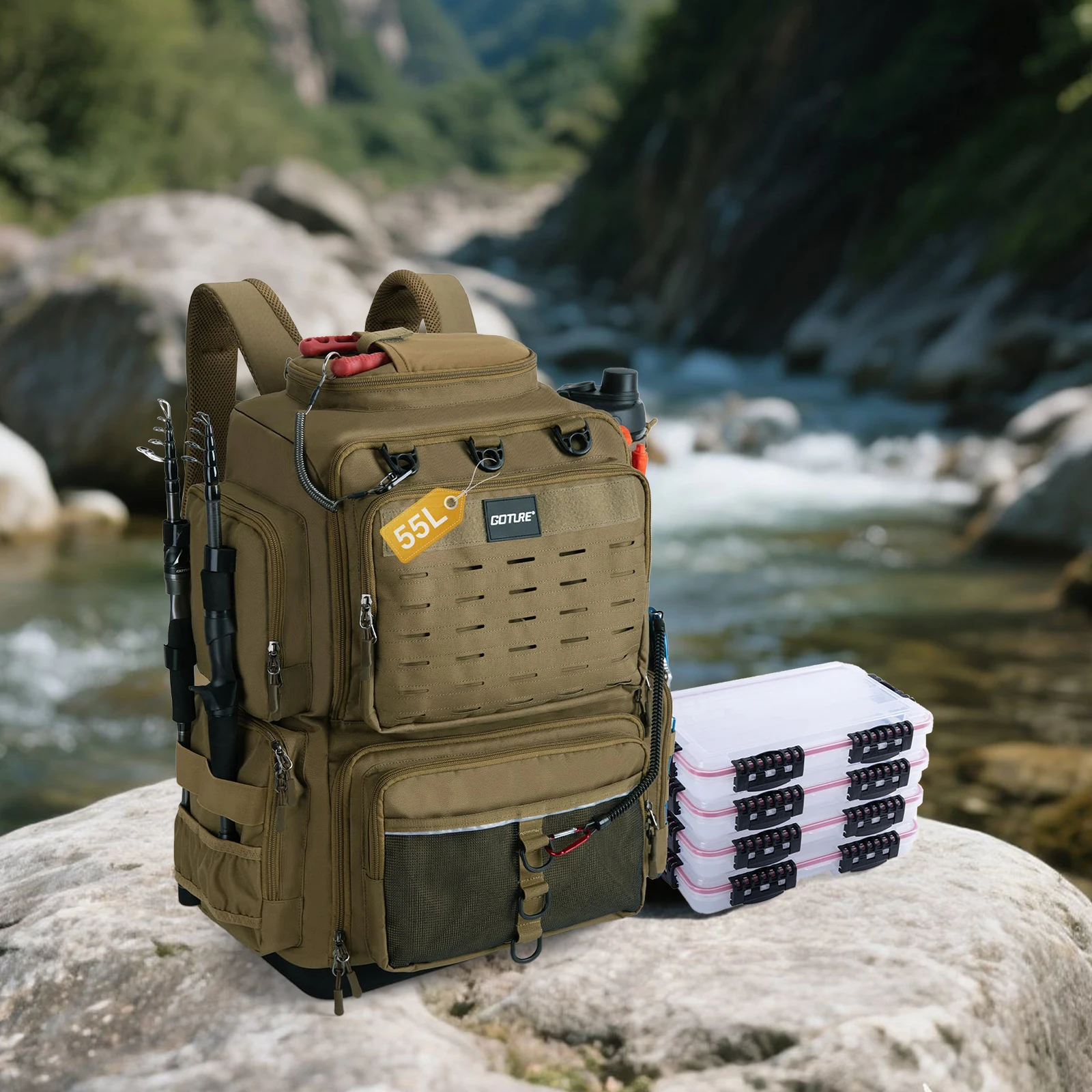 

Рюкзак Goture для рыбалки с 4 коробками для снастей 3700, сумка для рыболовных снастей IPX EVA, дном 55 л, с держателем удочки, с 8 карманами для приманок