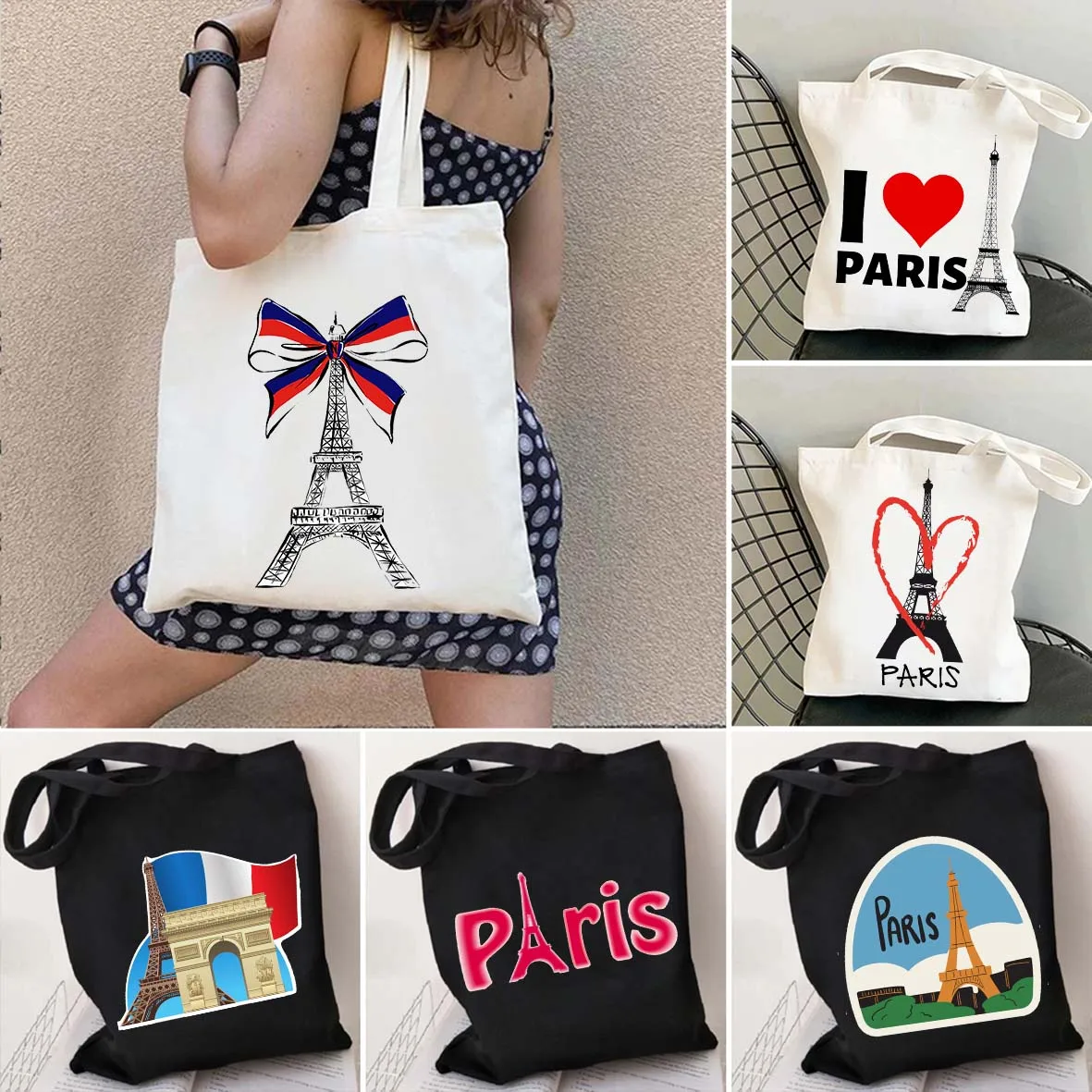 

Eiffel Tower Paris France Girl Drawing Love Heart Lettering Print Women Girl Shoulder Shopping Canvas Tote Bags Shopper Handbags