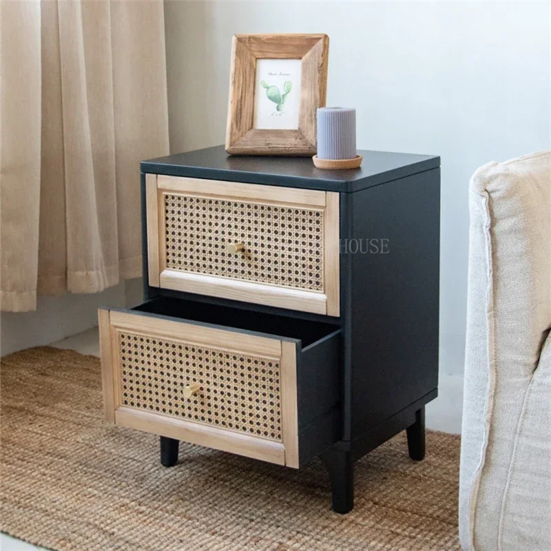 Rattan Black Bed Side Table Modern Minimalist Nightstands for Bedroom Furniture Storage Rattan Bedside Table End Tables