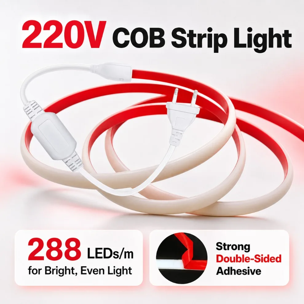 0.5M-30M COB LED Strip IP68 Waterproof Silicone AC220V With EU Plug Self Adhesive Flexible Tape For Outdoor Garden Home Decor