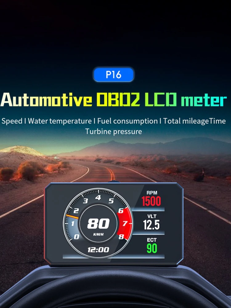 P16 Samochodowy HUD OBD2 LCD Miernik Wyświetlacz Head Up Wyświetlacz Prędkościomierz KMH, MPH Obrotomierz Temperatura Wody Zużycie Paliwa Ciśnienie Turbodoładowania — 2