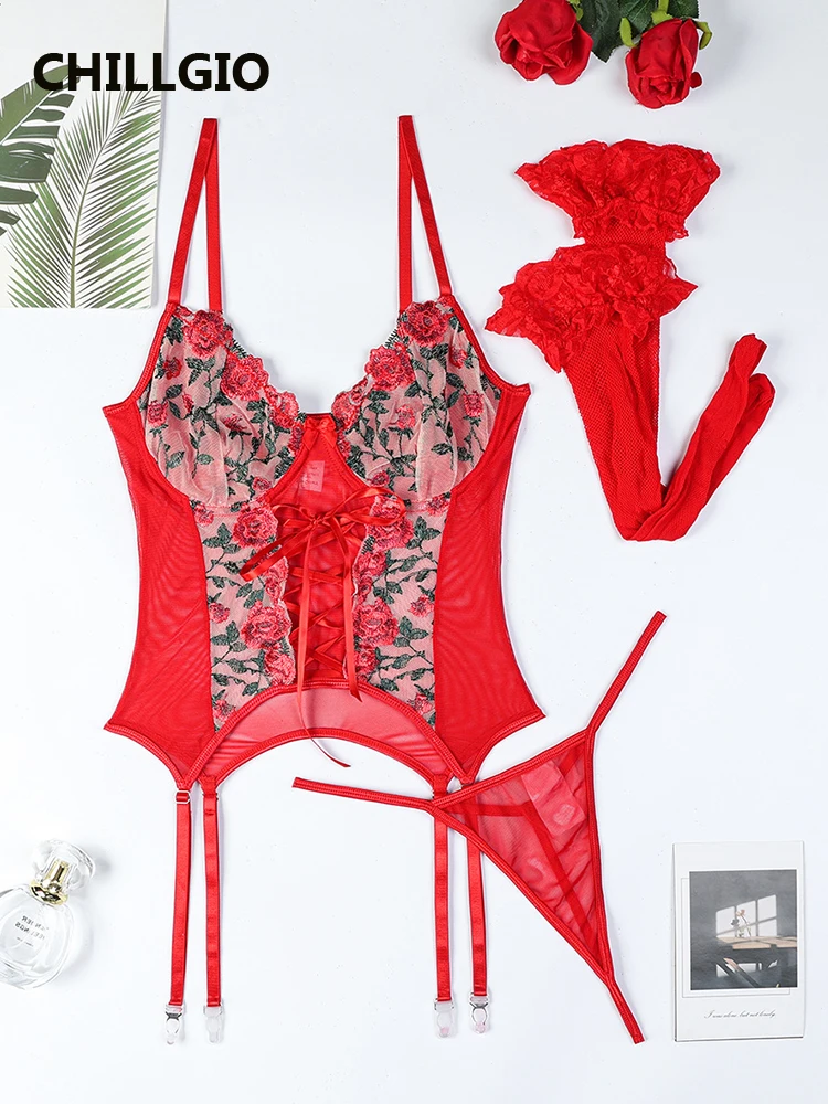 

CHILLGIO Sexy Female Lingerie Red Fantasy Bodycon Bodysuit Fasion Elegant Lace-up Bra Stockings Underwear Women Set Party Outfit