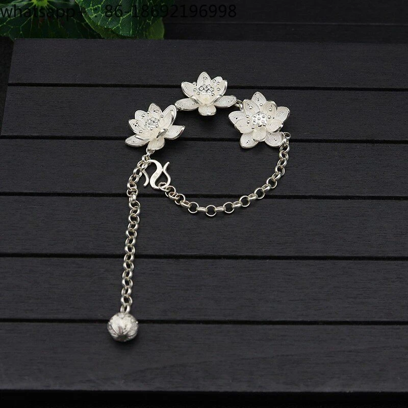 Sterling Silver Lotus Bracelet Handmade Filigree Silver Lotus Jewelry Women's Summer Simple Jewelry