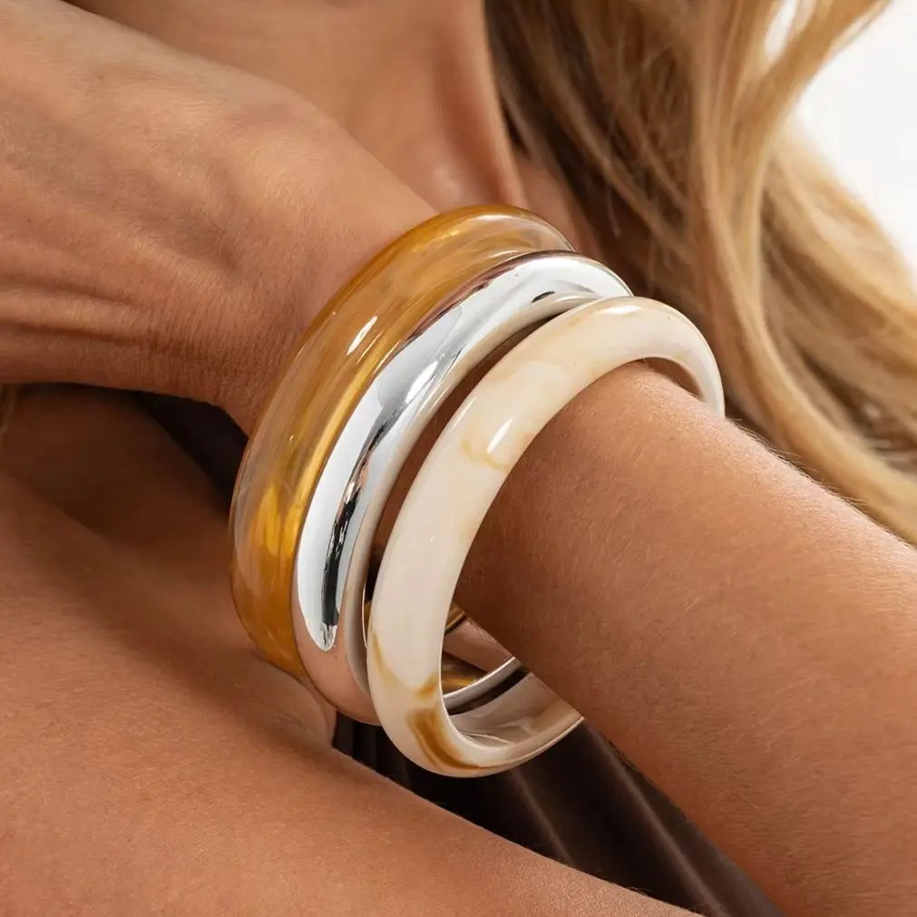 SHIXIN 3Pcs/Set Trendy Resin Acrylic Round Geometric Exaggerated Chunky Bangles Women Boho Stackable Charm Bracelet Jewelry Gift