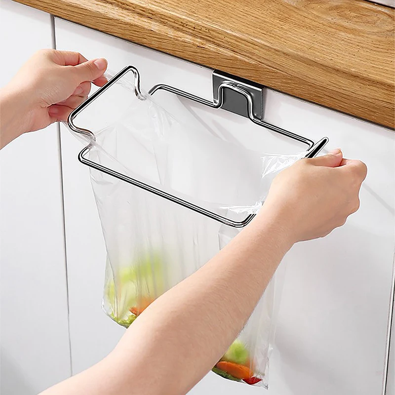 Stainless Steel Kitchen Trash Rack Cabinet Door Garbage Bags Holder Closet Garbage Storage Holder Towel Hanging Organizer