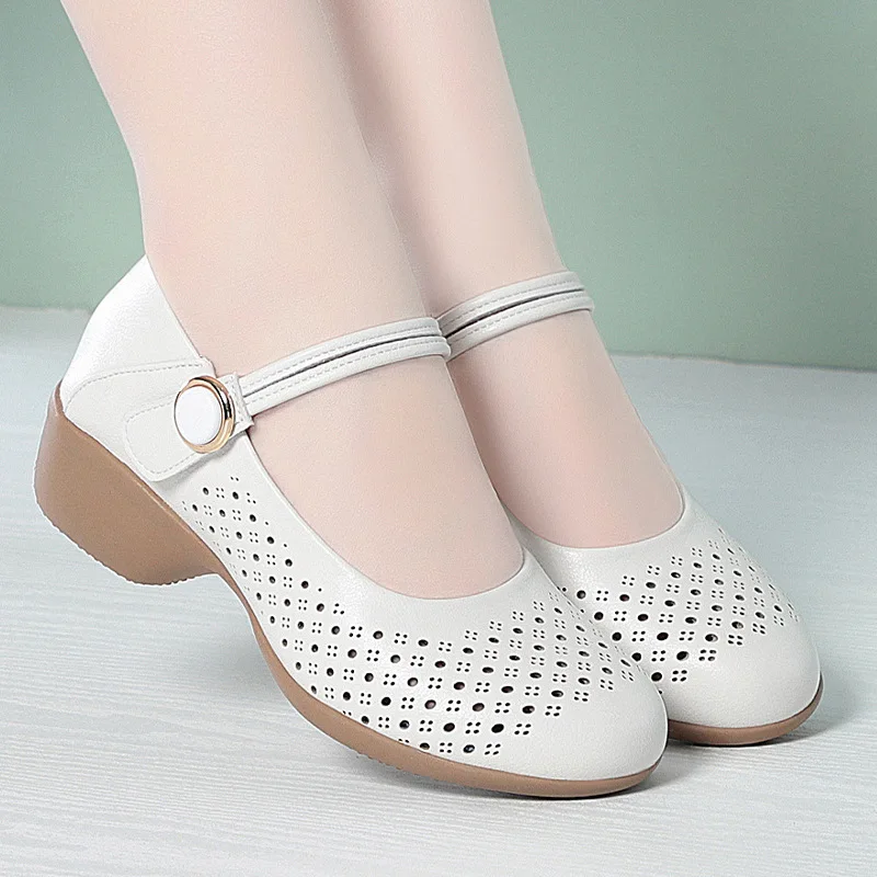 

White Perforated Wedge Sandals Mary Jane Style With Adjustable Buckle Strap And Rhinestone Detail Breathable Casual Comfortable