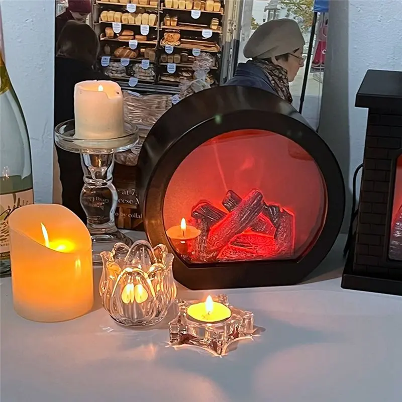 DT17 Simulated Flame Lamp Vintage Night Light Retro Atmosphere Decoration Fireplace Lamp European Style Ornaments Round