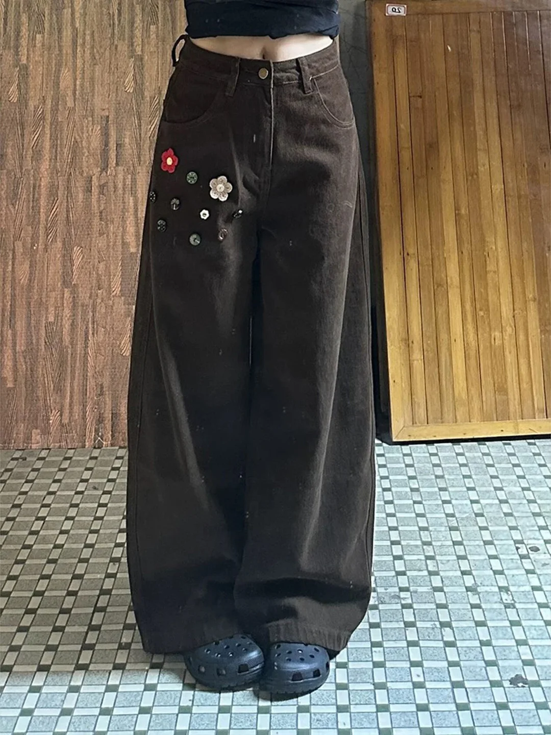 Retro Coffee Floral Button Wide Leg Denim Jeans Women's Autumn Winter High Waist Loose Slimming Poplar Straight Tube Pants