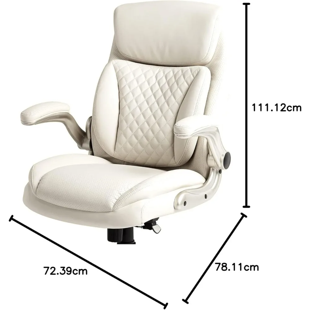 Ergonomic Executive Office Desk Chair with Flip-up Armrests and Adjustable Height Tilt and Lumbar Support Cream Bonded Leather