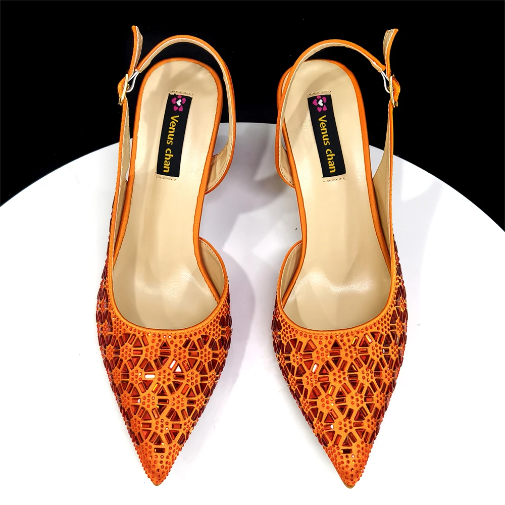 Venus Chan Elegant Orange-Colored Italian Design Women's Shoes and Bag Set with Butterfly Decoration for Weddings and Partiesn