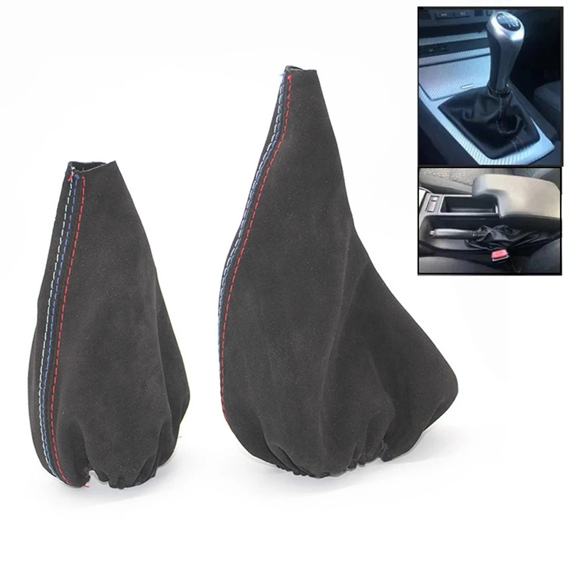 2X Car Gear Shift Collars Manual Handbrake Gaiter Boot Cover For BMW- 3 Series E36 E46 E30 E34 M3 Z3 Black Suede Leather