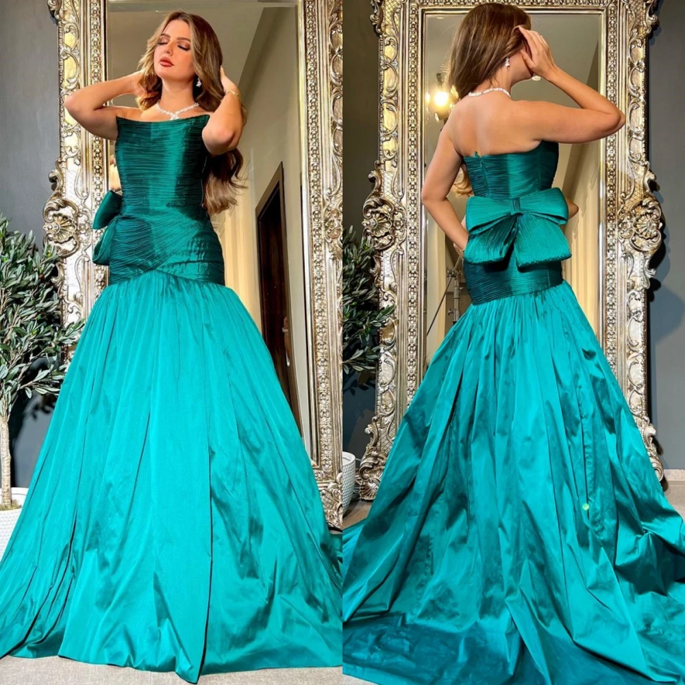 Customized Eleagnt Strapless Bows Meramaid Ruched Party Dress Floor Length Sleeveless Formal Evening Gowns vestidos de noche