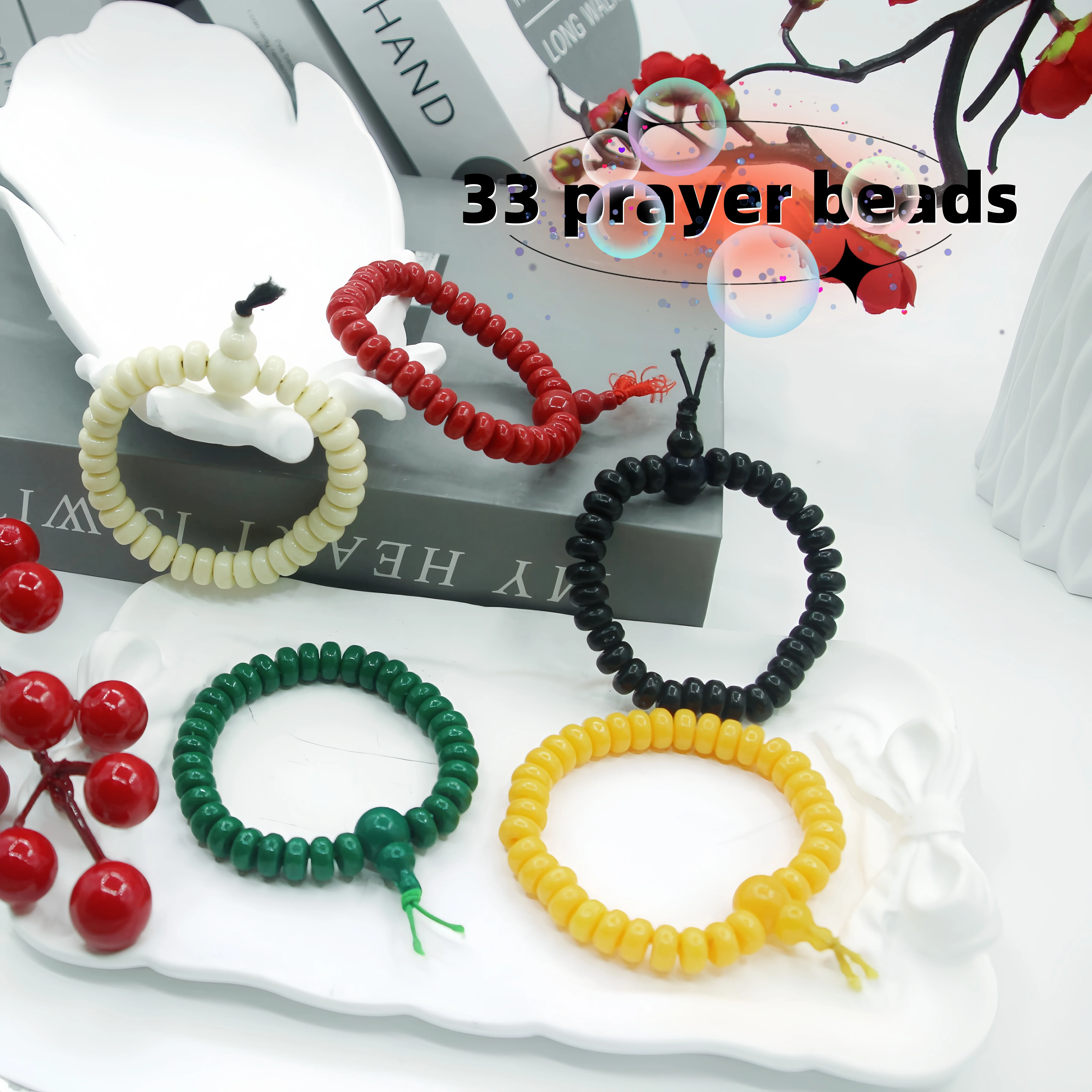 8mm solid plain elastic prayer beads made of resin, 33 solid smooth round beads, short wrist bracelet for prayer counting
