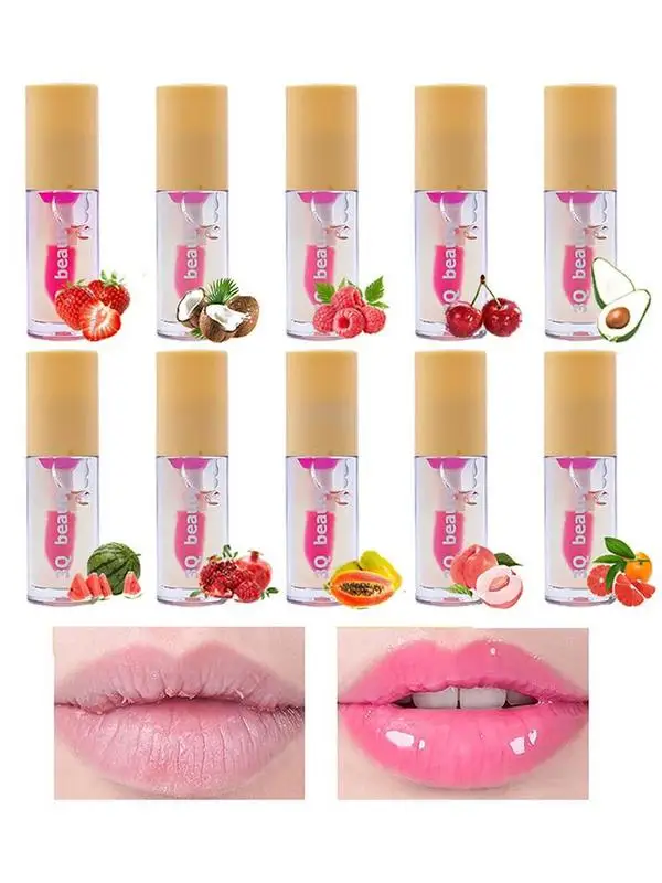 Brilhante fruta Flavored Hidratante Óleo, Brilho labial antiaderente, Mudando a cor, Sexy, 10pcs