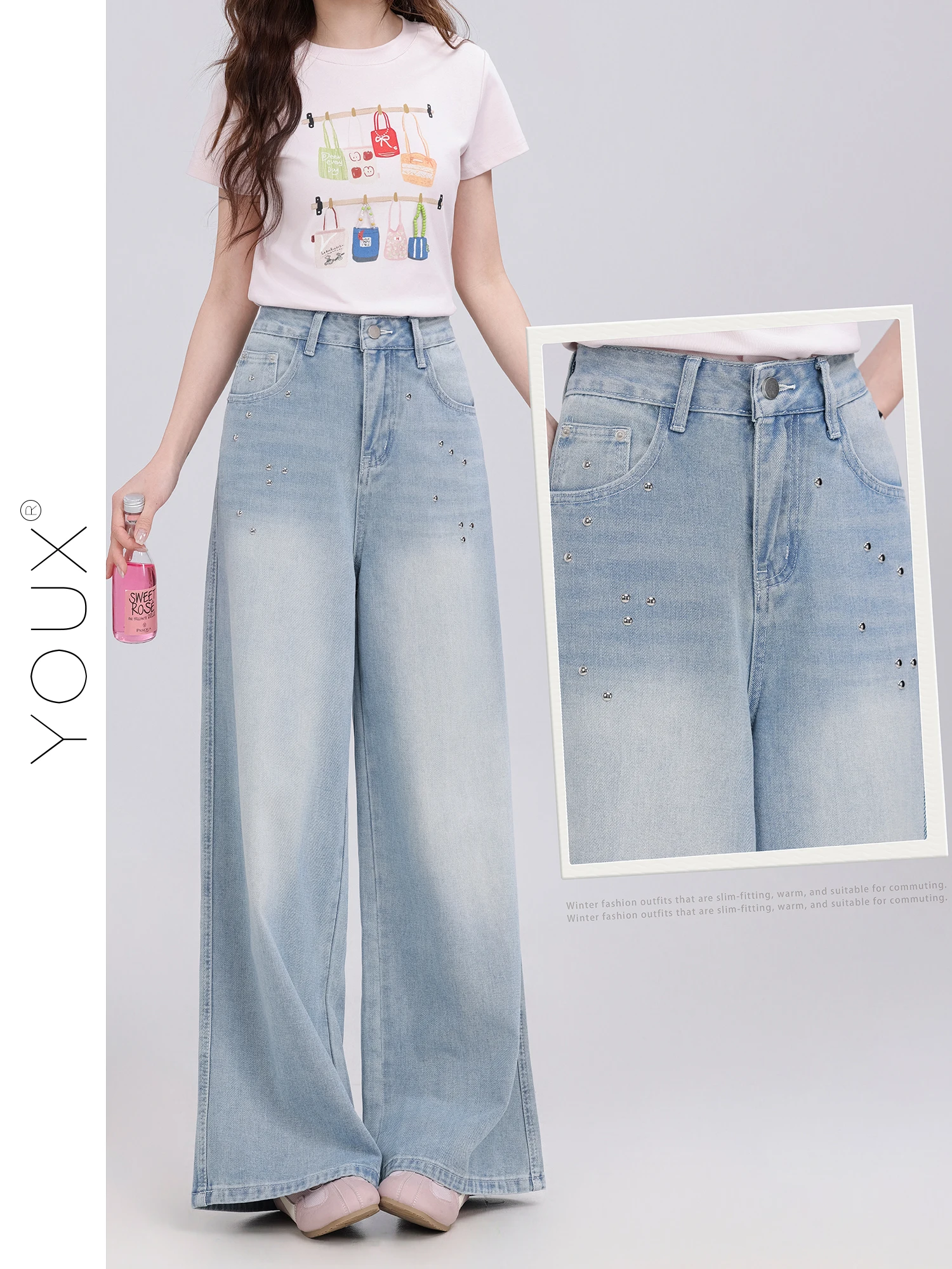 

Retro High Waist Wide Leg Jeans Blue Button Embellished Denim Pants Summer New Arrival Slimming Effect Vintage Style
