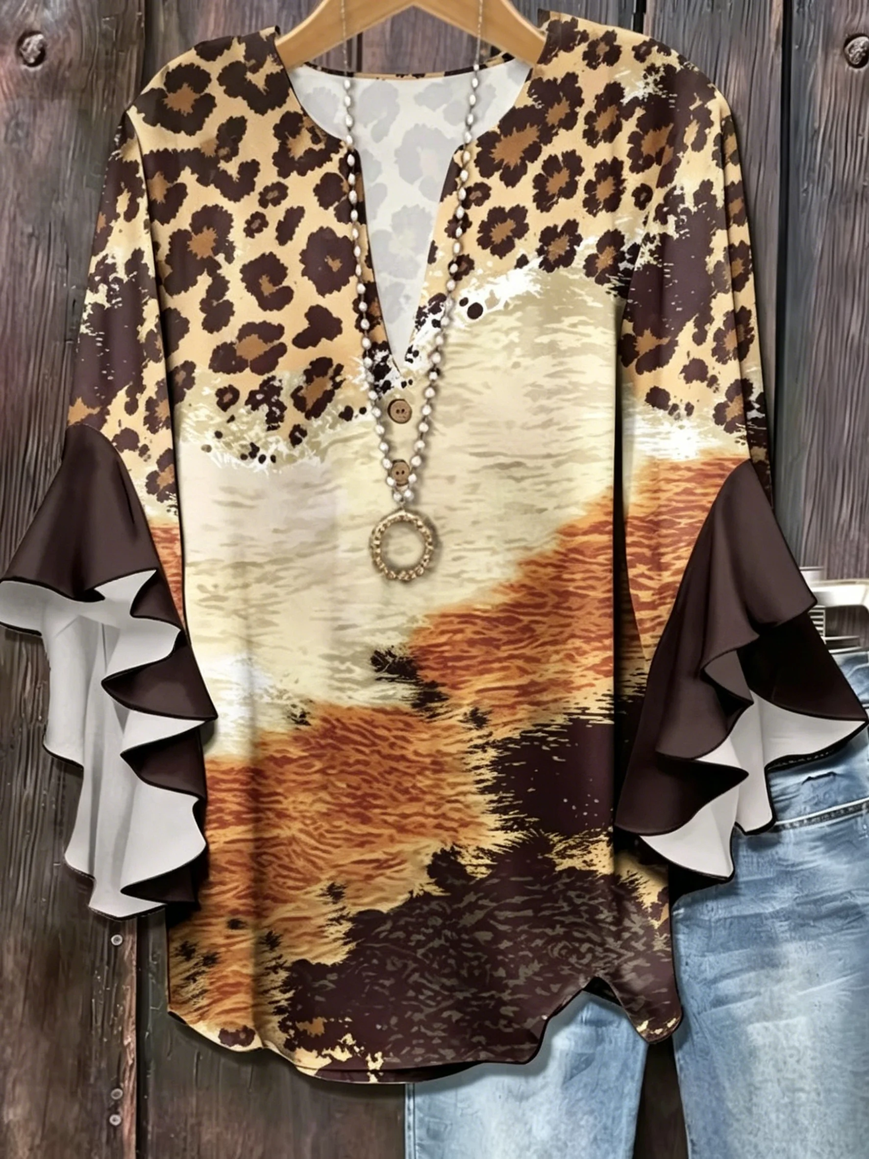 Women's Spring Summer Leopard Snake Print V Neck Blouse, Casual Flounce Ruffle Sleeve Boho Top