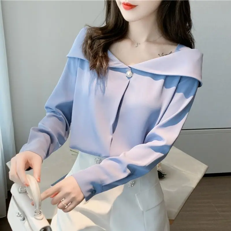 Spring Straight Neck Off Shoulder Fashion Basic Solid Color Chiffon Blouses Full Sleeve Top Elegant Office Shirts Lady Clothes