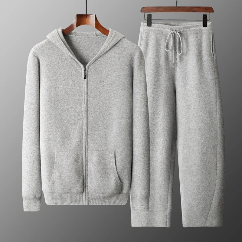 

Men Sweater Suit Hooded Zipper Pullover Pants Autumn Winter Thick Warm Casual Clothing 100% Merino Wool Knitwear Trousers Tops